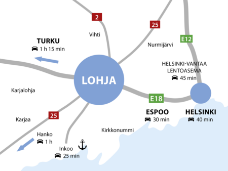 Lohjan sijainti kuvattuna piirrettyyn karttaan suhteessa Turkuun, Hankoon, Inkooseen, Espooseen, Helsinkiin ja Helsinki-Vantaan lentoasemalla.